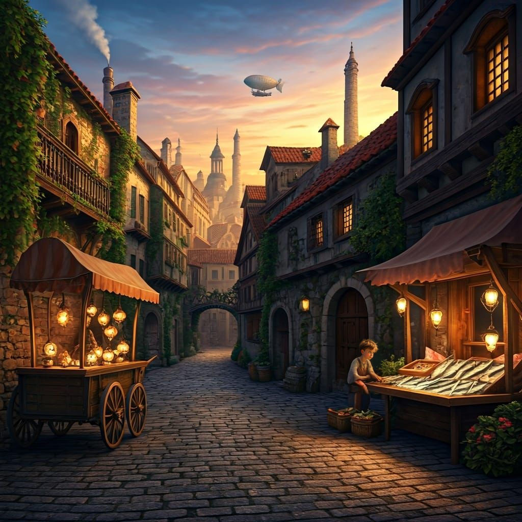 Golden Twilight City with Airships and Glass Lamps