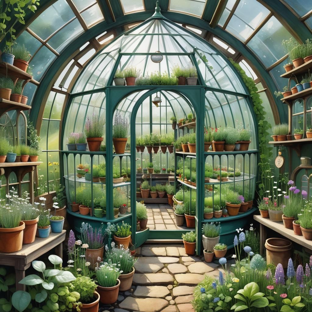 Magical Crystal Greenhouse Nursery Filled with Herbs