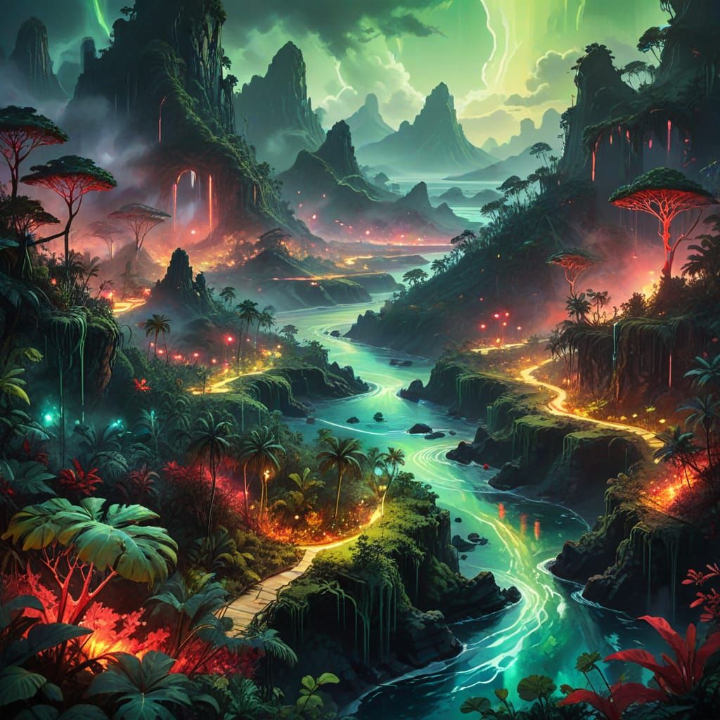 Dreamlike Tropical Metropolis in Ethereal Light