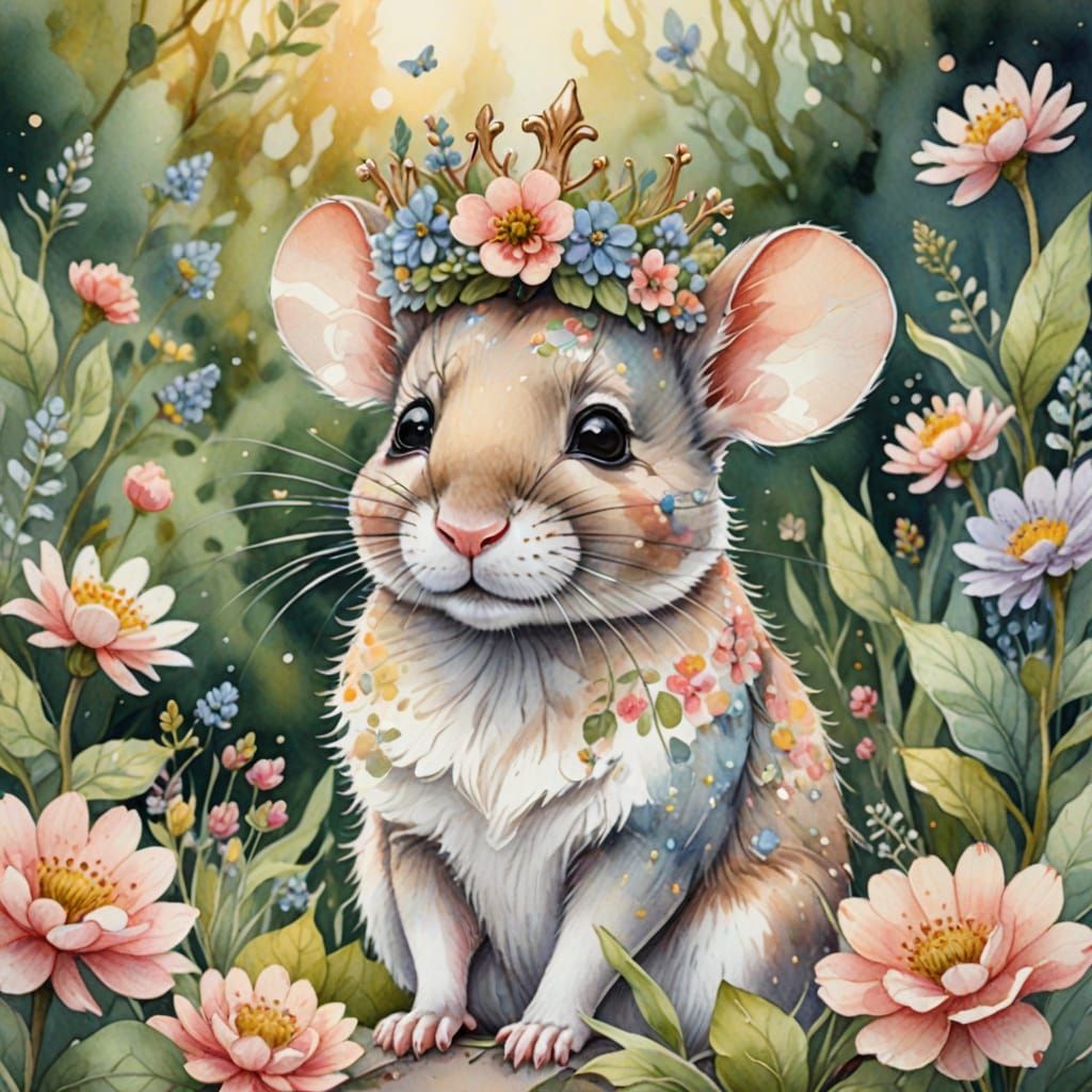 Mouse with Floral Crown in Watercolor Style
