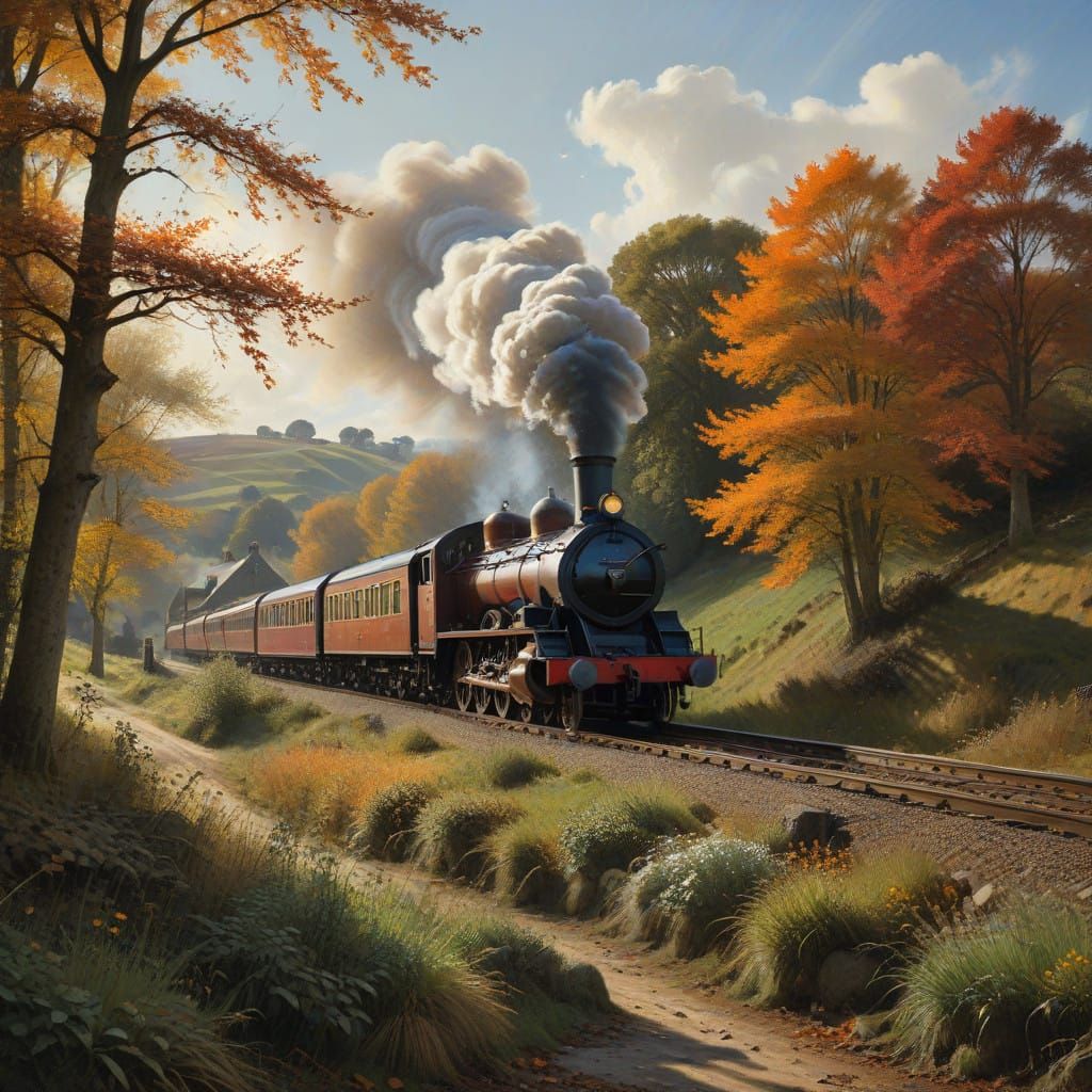 Majestic Steam Engine Chugs into Autumnal Farm Landscape