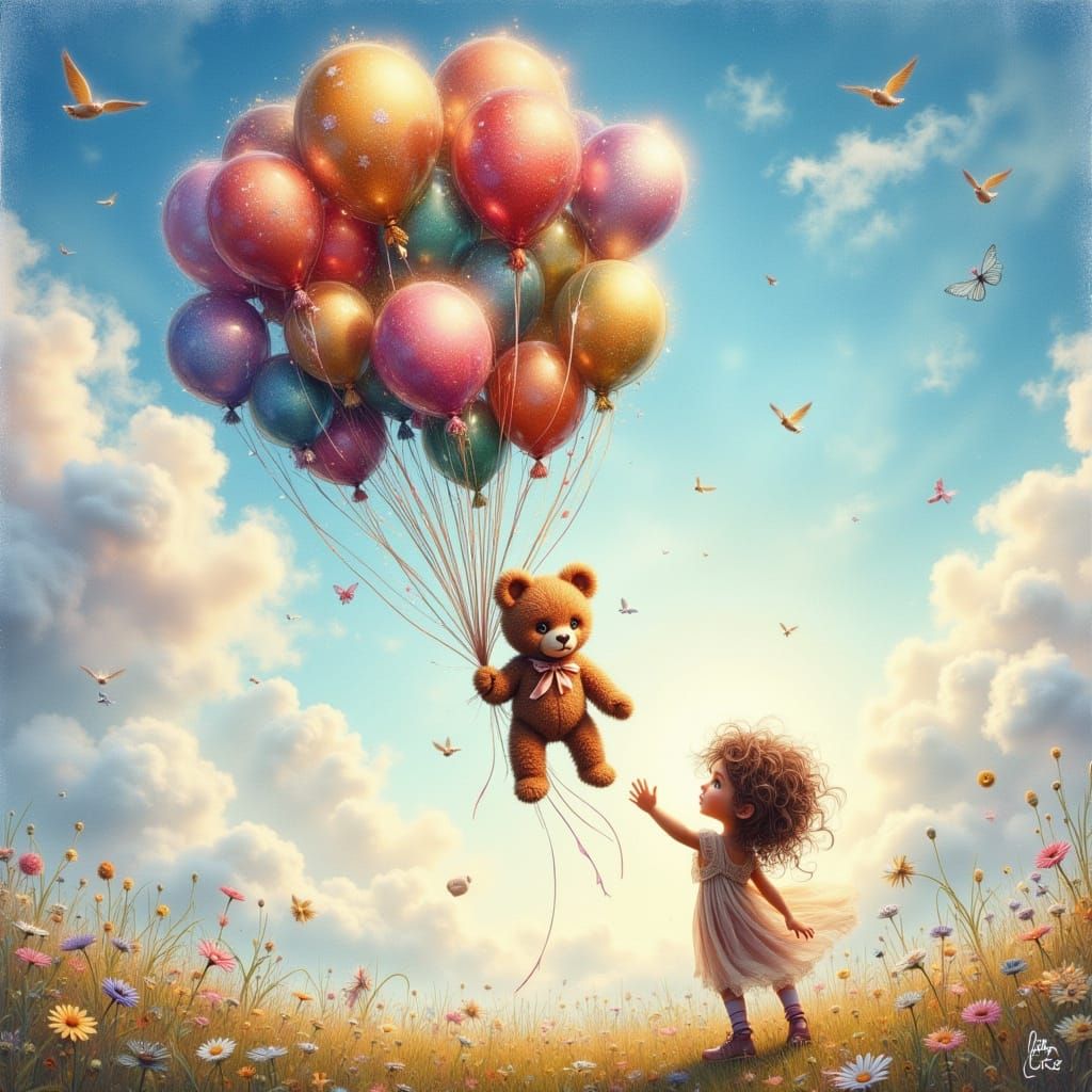 Teddy Bear's Whimsical Flight in Watercolor