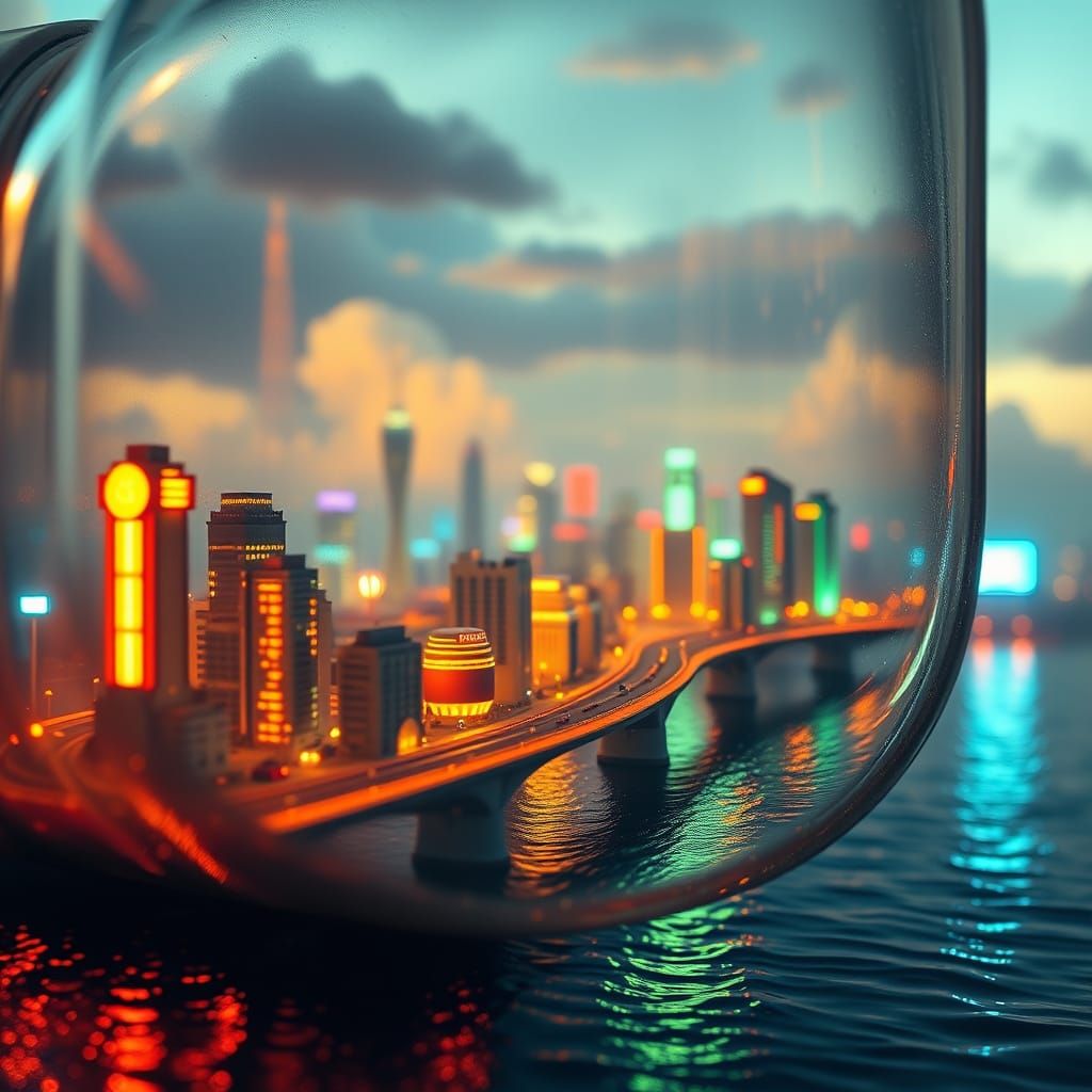 Cyberpunk City in a Bottle: Oil Painting Style