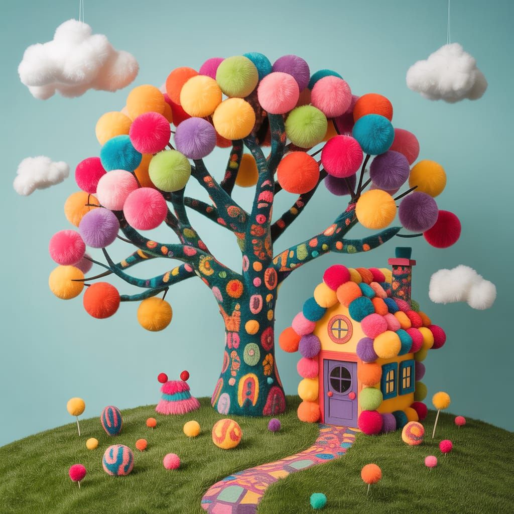 Colorful Pom Pom House and Tree in Folk Art Style