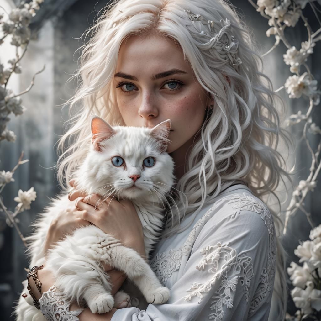 Girl with White Cat: Hyperrealistic Portrait
