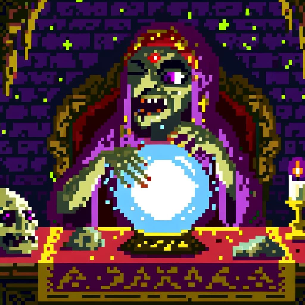 Eerie 8-Bit Witch Sits Amidst Vintage Video Game Enchantment...