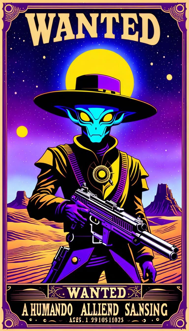 Space Cowboy Outlaw:

A retro-style wanted poster with a mix of Wild West and space themes.
