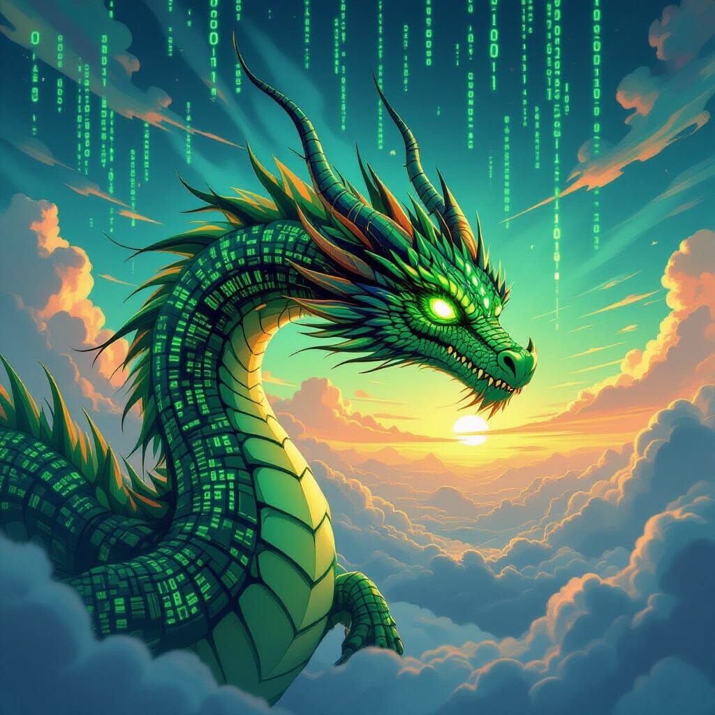 Dragon of Code Soaring Through Digital Sky