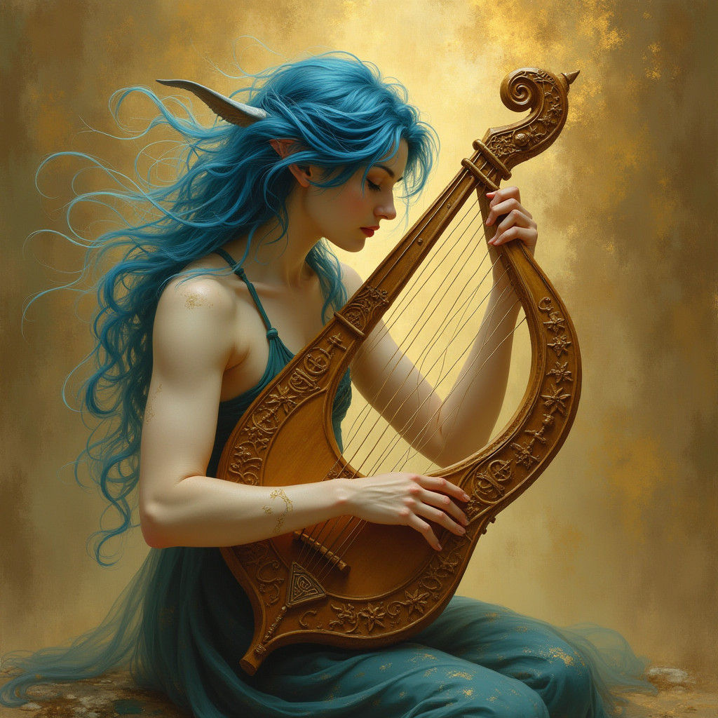 Blue-Haired Incubus Playing Lyre in Romantic Style
