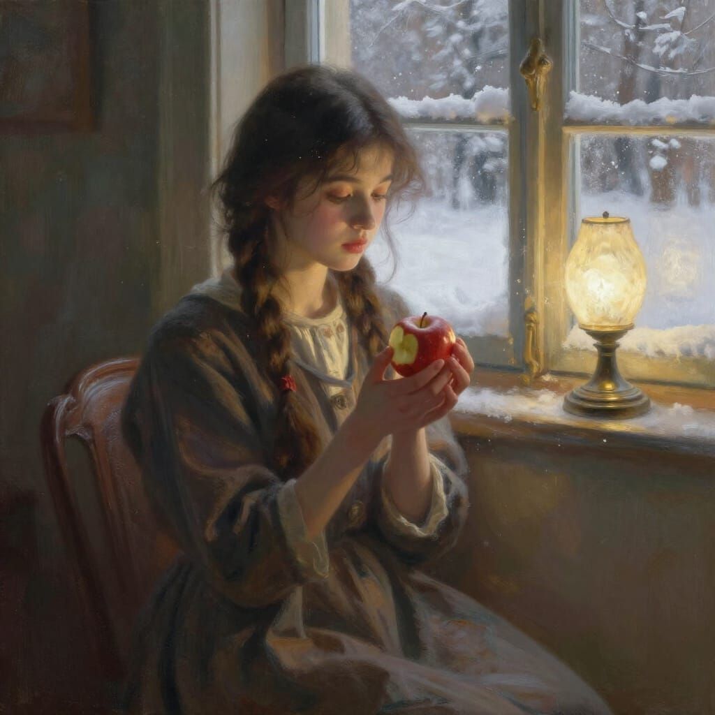 Girl by Snowy Window with Red Apple, Impressionistic Style