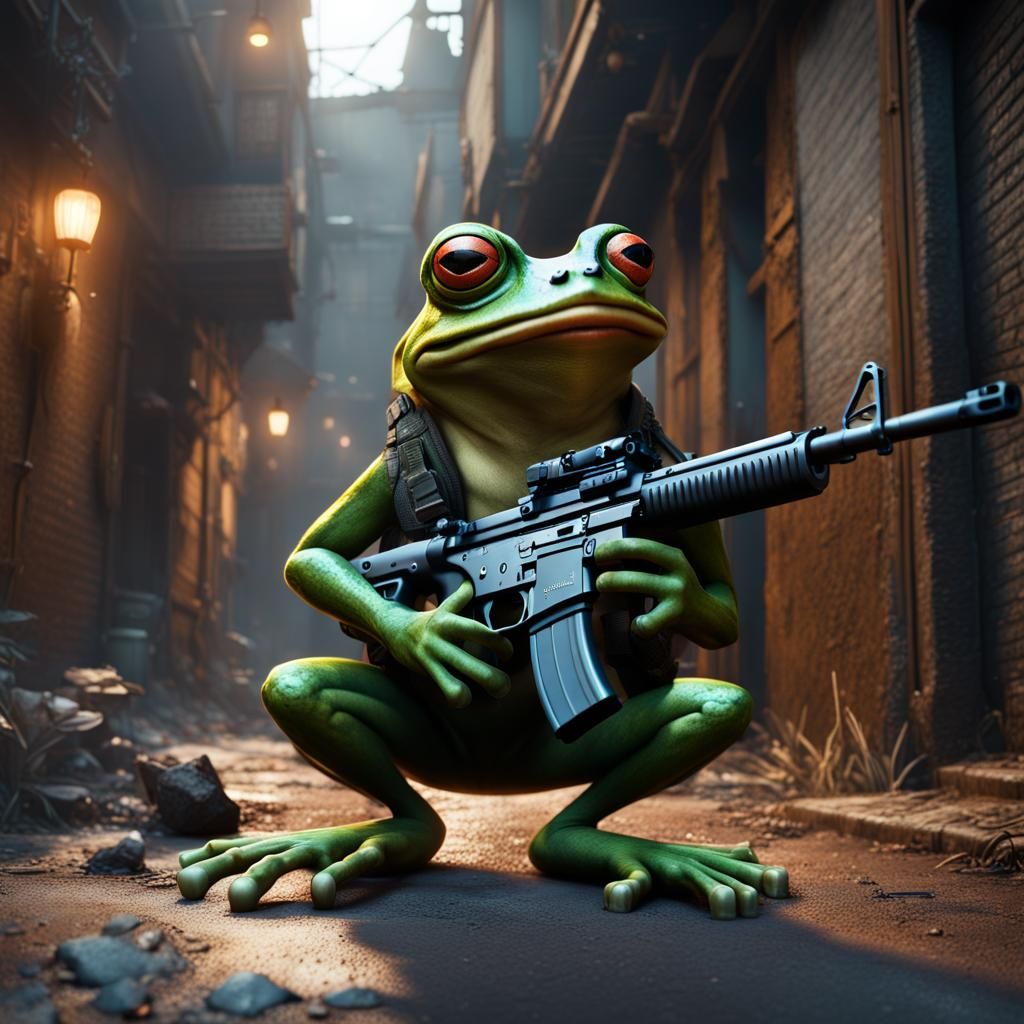 Frog with Rifle in Backstreet: Detailed Matte Painting