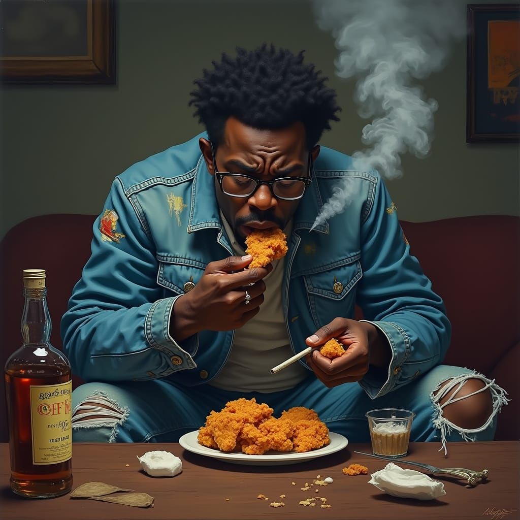 Frustrated Man Eating Chicken: An Artistic Rendition