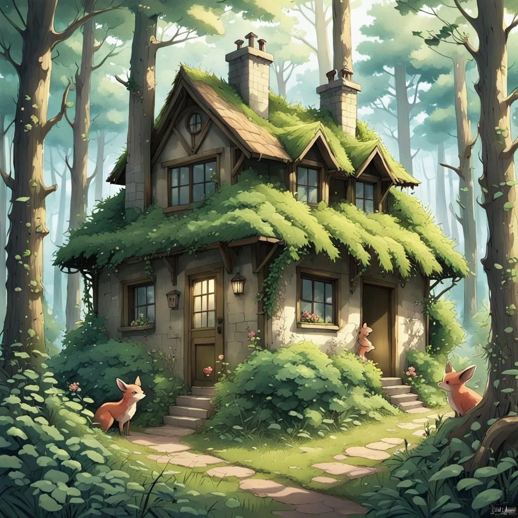 Enchanted Forest Cottage in Anime Style