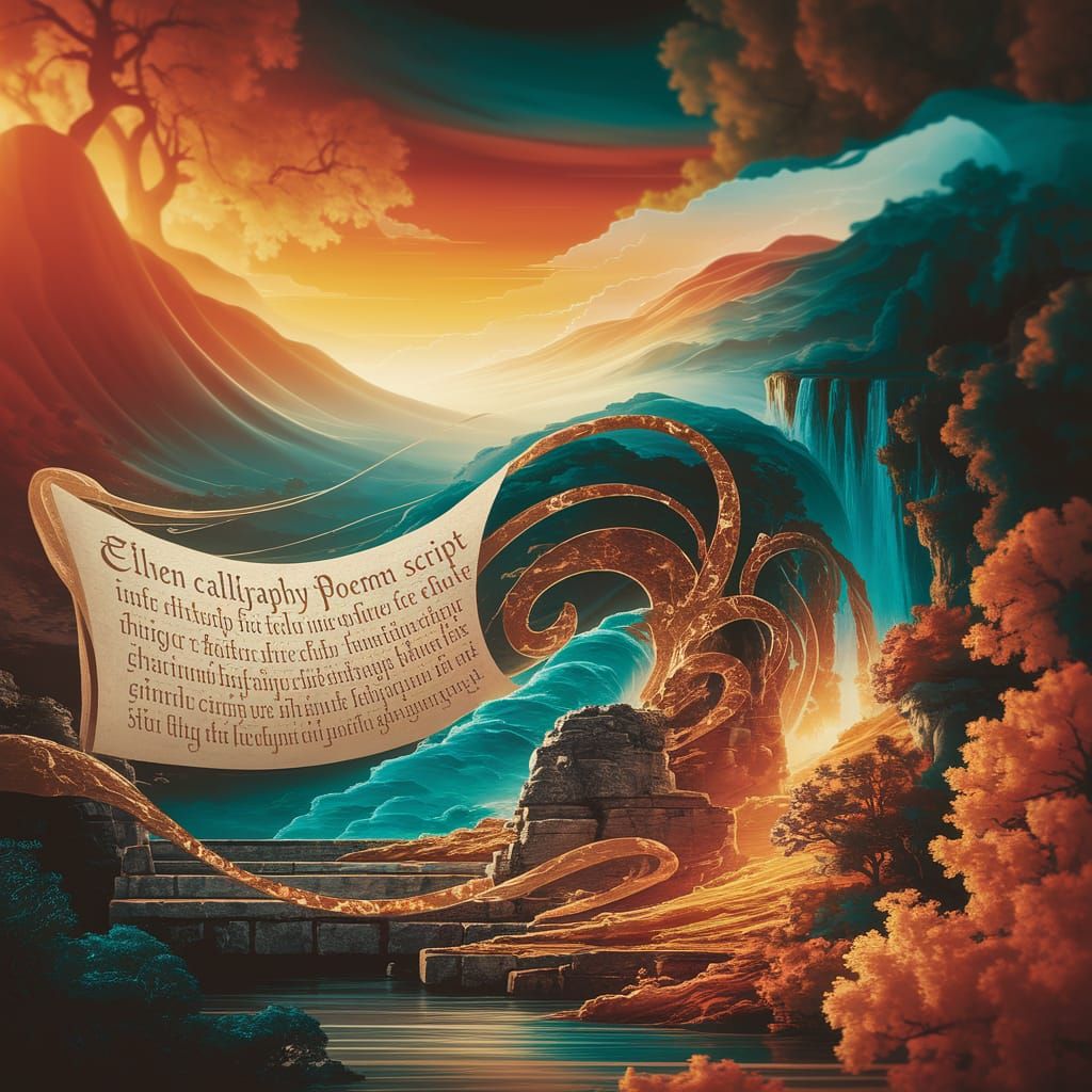 Fantasy Tolkien-like elven calligraphy poem script over a Uk...