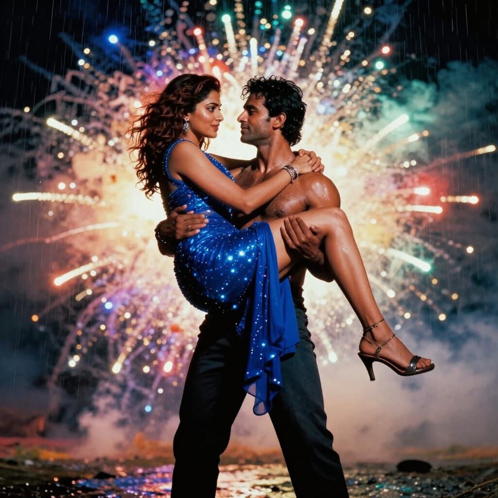 Heroic Man Carries Woman Under Vibrant Night Sky