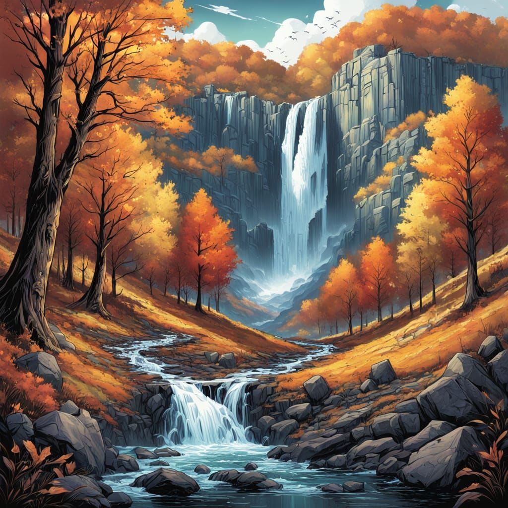 a waterfall in the mountains during autumn 49