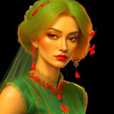 Sensual Woman in Crimson Dress with Embroidery