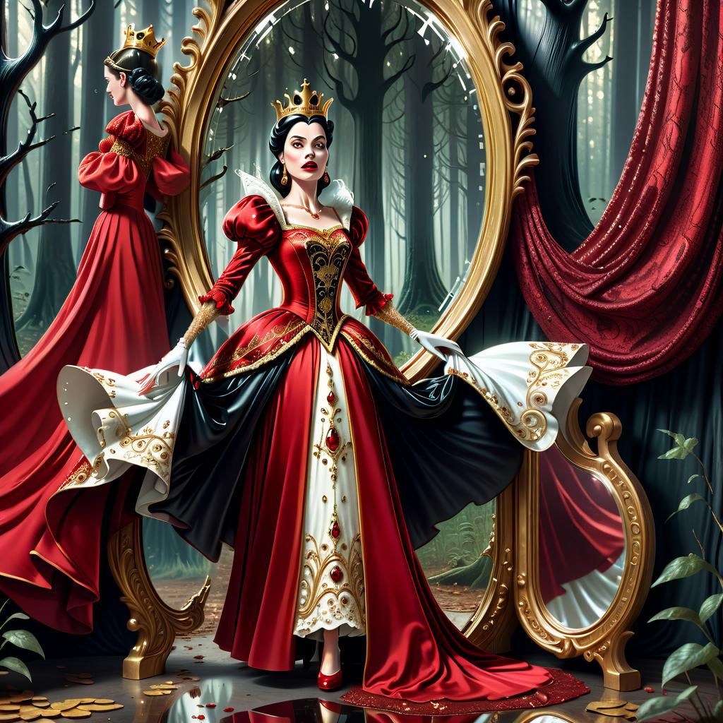Evil Queen Emerges from Mirror, Princess Fleeing