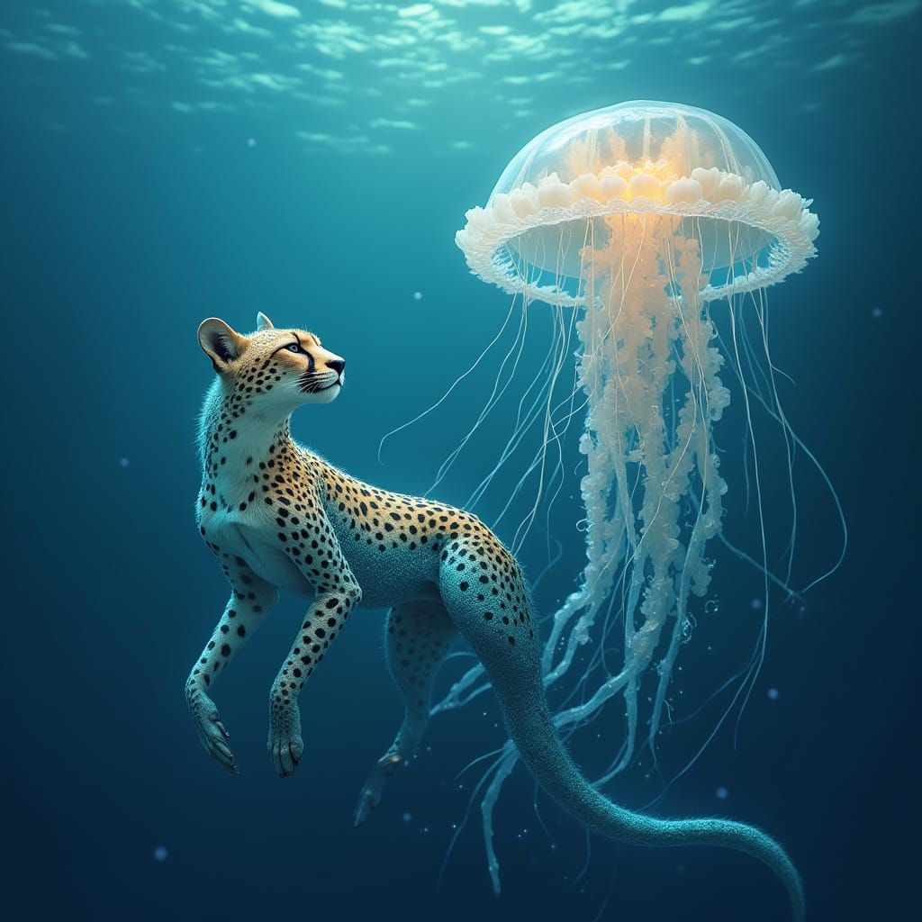 Dreamlike Mermaid Cheetah Swims with Bioluminescent Jellyfis...