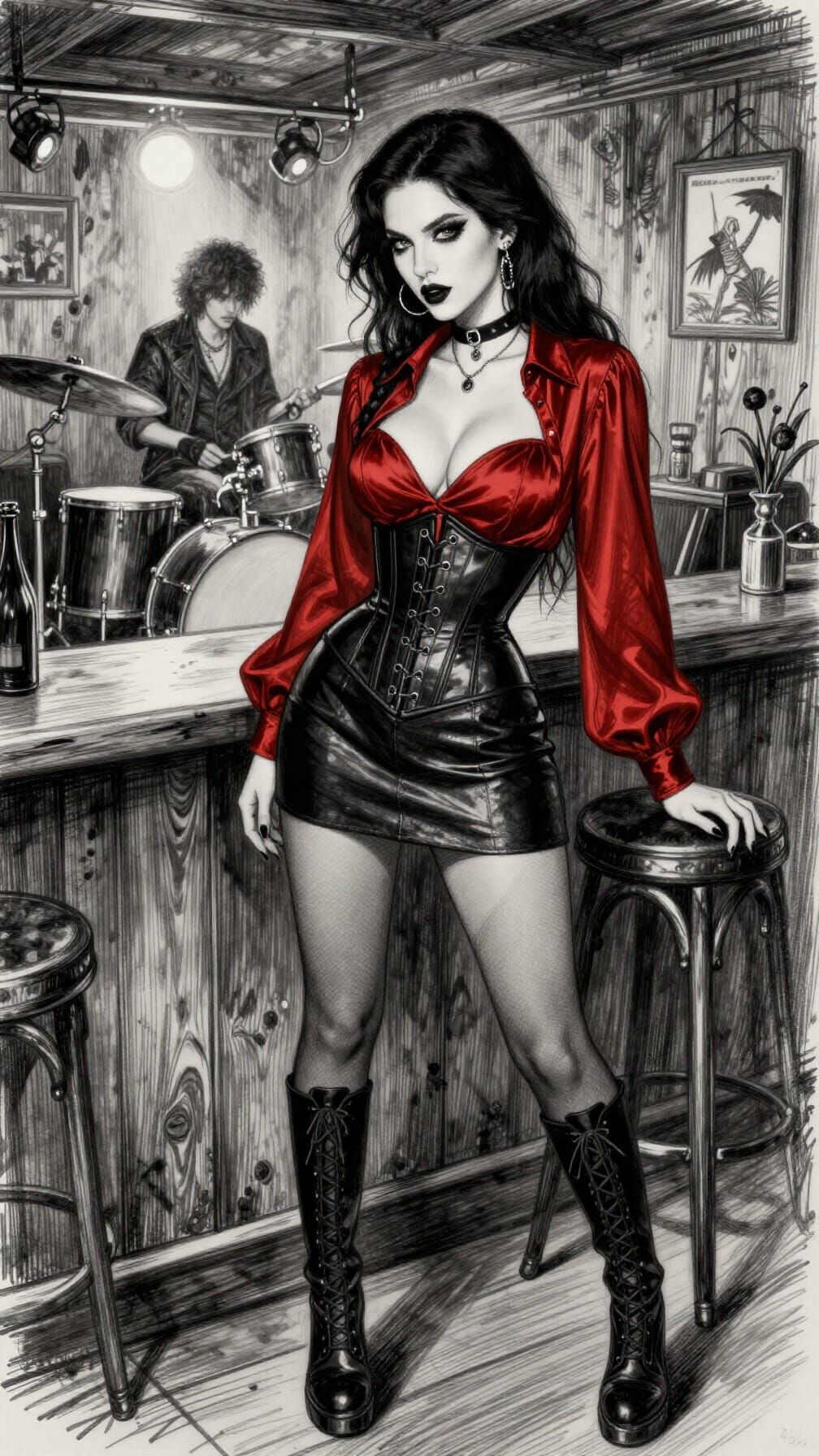 Gothic Woman in Bar, Line Art with Red Accents
