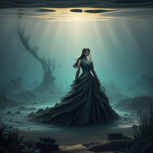 Ethereal Underwater Goddess in Ancient Ruins