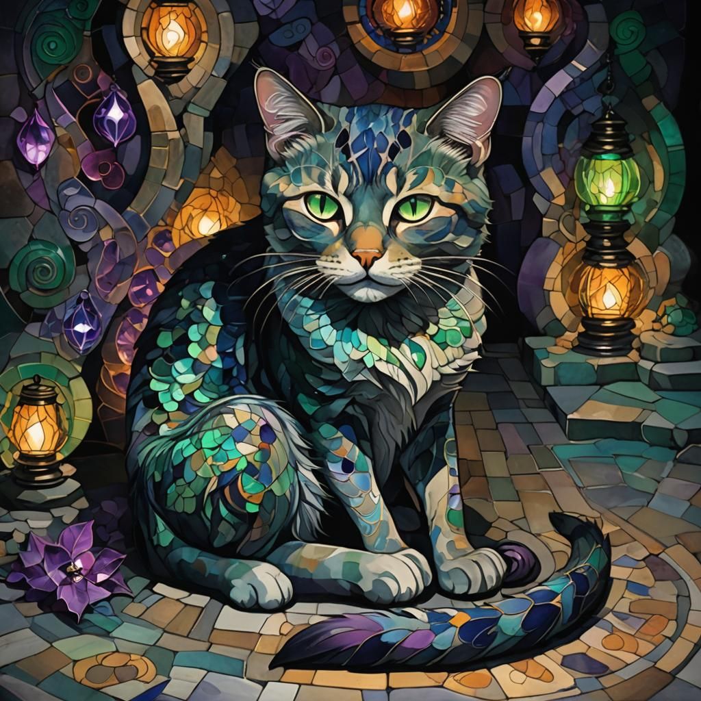 Colorful Cat in Mystical, Dark Fantasy Style