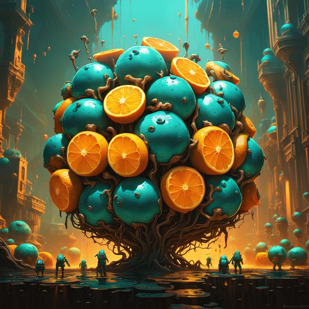Orange Structure with Yellow Figures: Digital Art