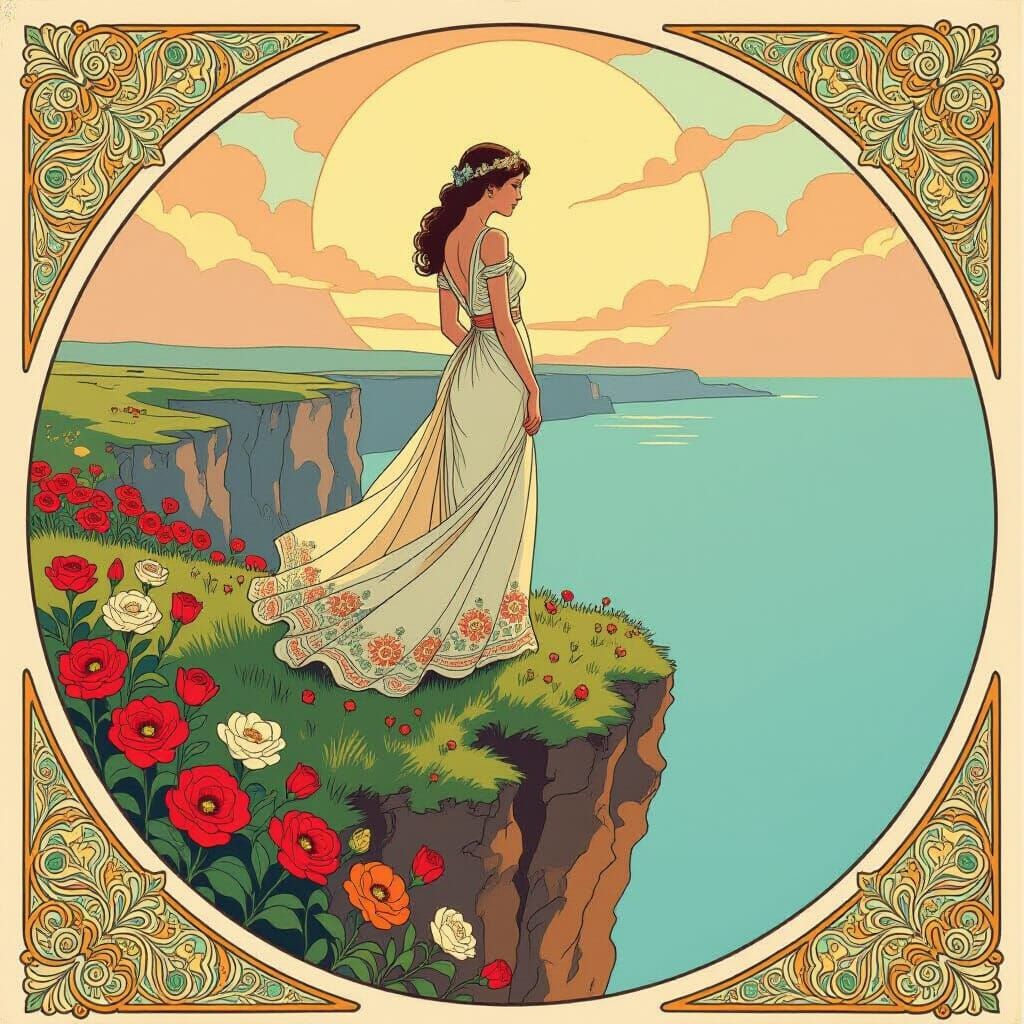 Elegant Woman on Cliff Amidst Flowers in Art Nouveau Style