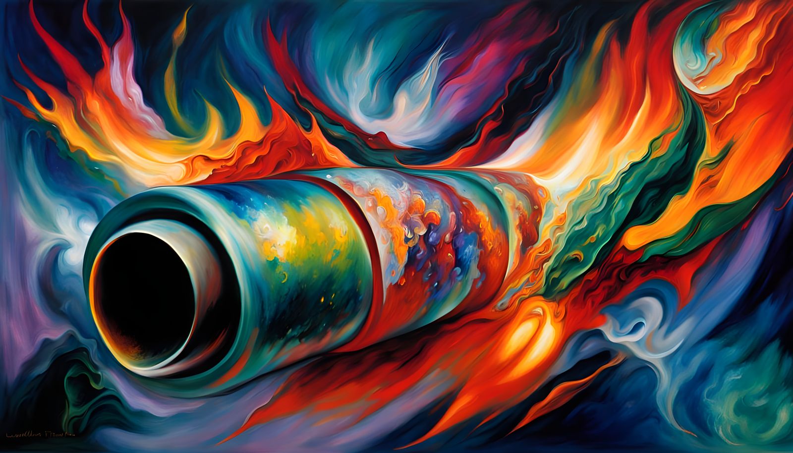 Cyberpunk Vortex: Fiery Metal Cylinder in Deep Space