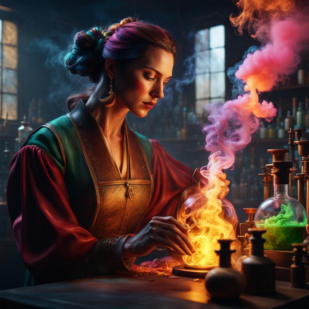 Alchemist Mixing Potions in Detailed Chemistry Lab