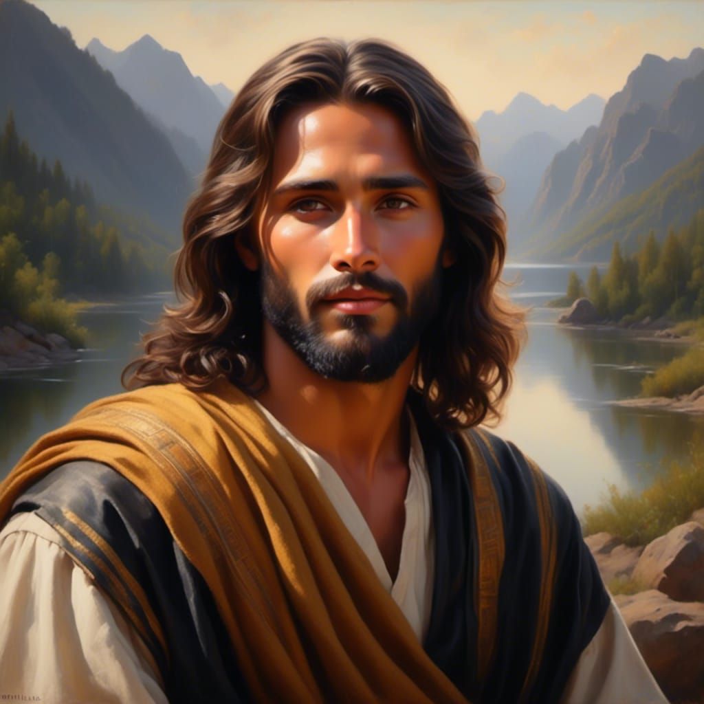 Peaceful Charcoal Portrait of Jesus in Landscape