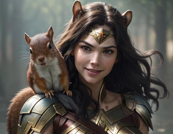 Wonder Woman Portrait with Squirrel, Hyperdetailed Art