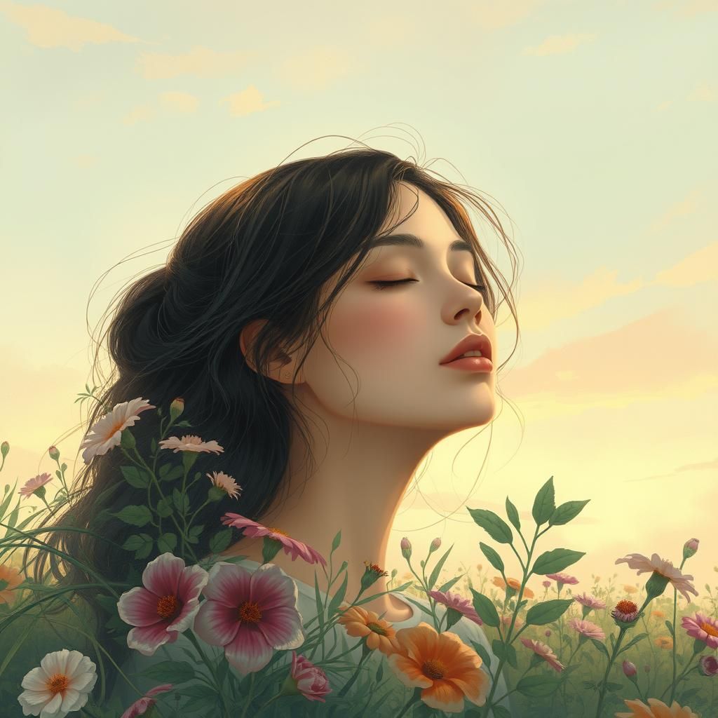 Dreamy Woman Surrounded by Flowers in Impressionist Style