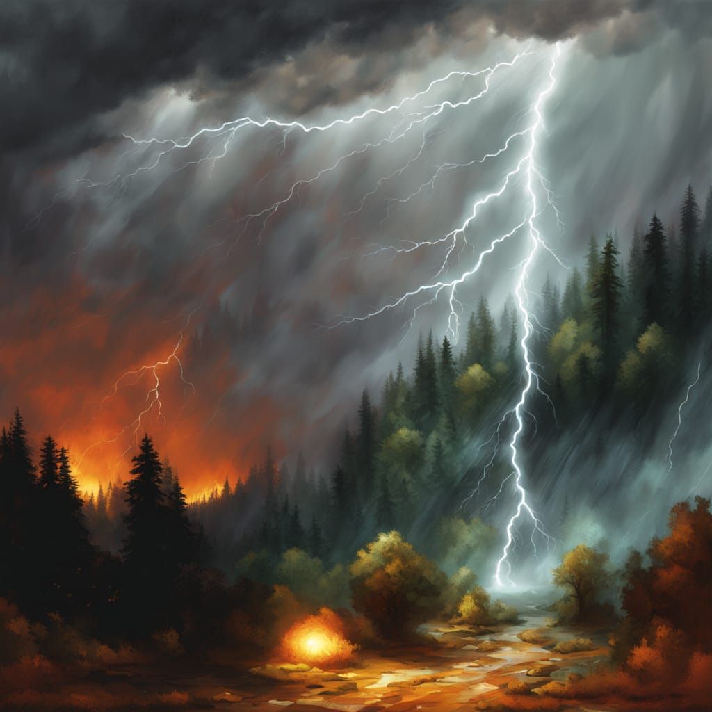 Dramatic Lightning Storm Over Dark Forest