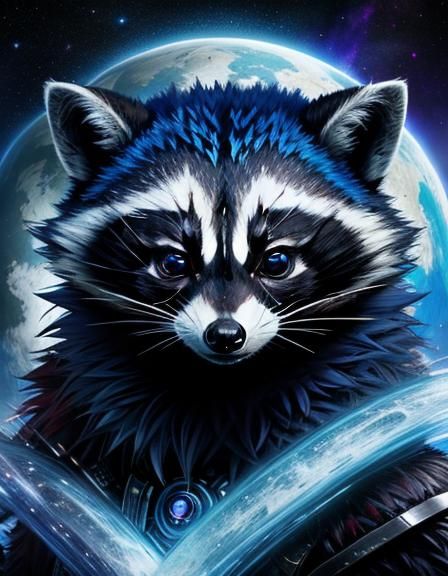 Exotic Alien-Raccoon Portrait with Space Waterfall