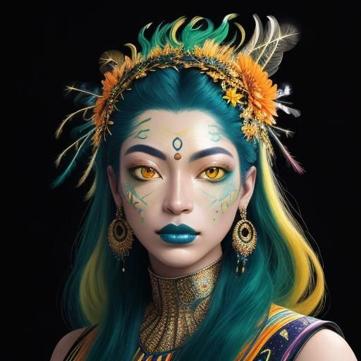 Cosmic Woman Portrait with Metallic Skin and Feathers