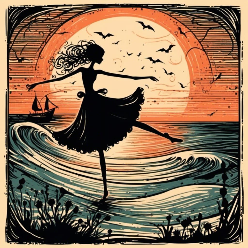 Whimsical Silhouette: Woman Dancing at Sunset