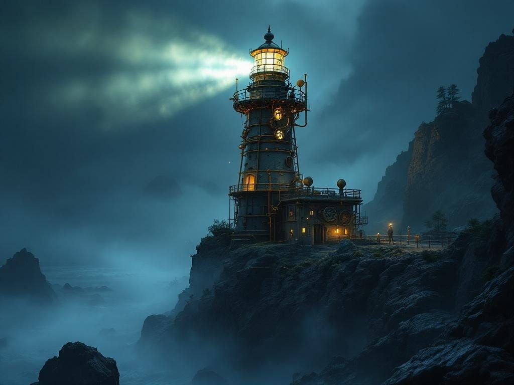 Steampunk Lighthouse on Cliff in Hyperrealistic Style