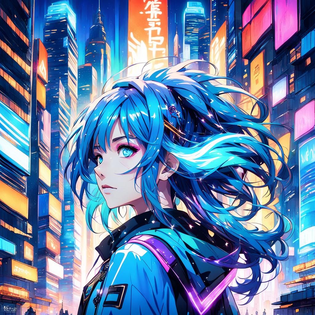 Vibrant Anime City Goddess with Vibrant Blue Hair and Eyes