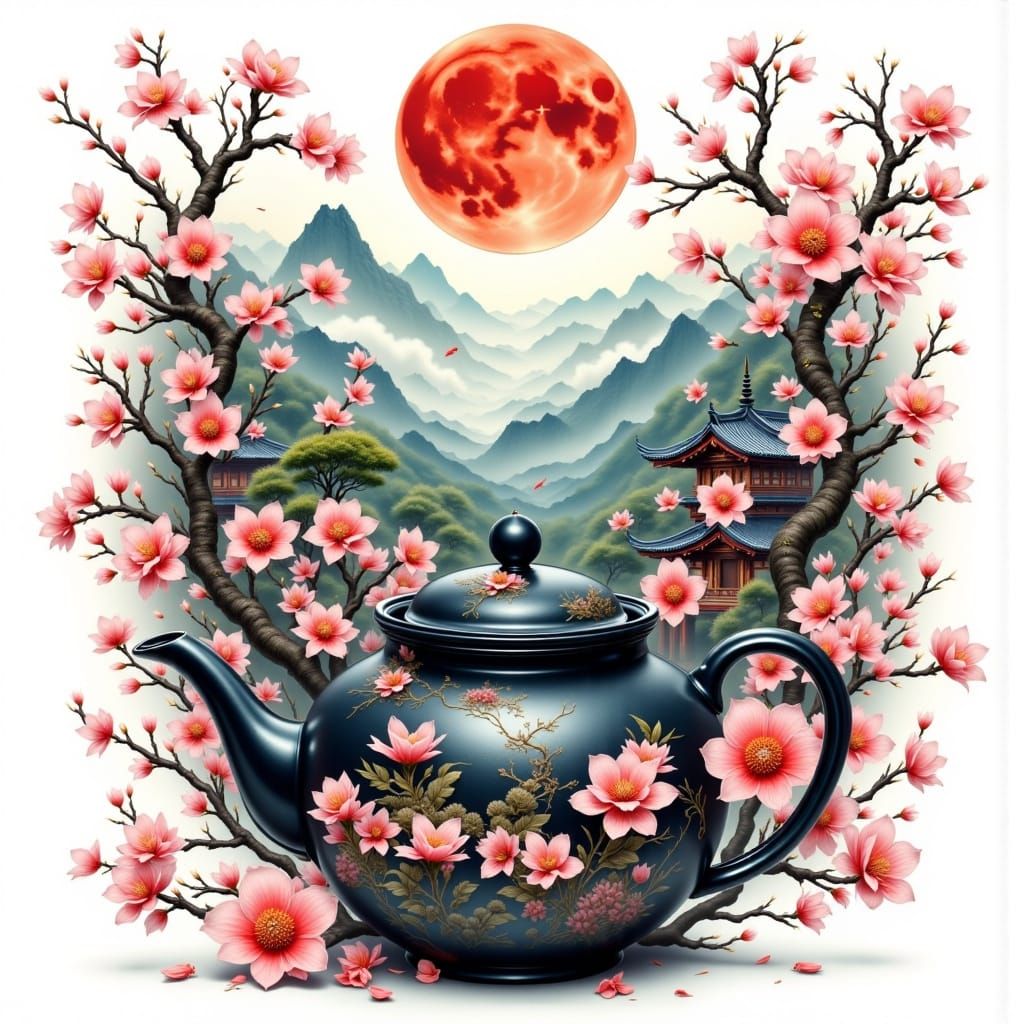 Asian Teapot with Mountains and Cherry Blossoms
