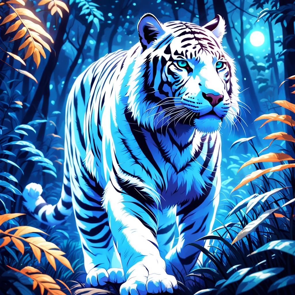 White Tiger Prowls Jungle in Fantasy Oil Painting
