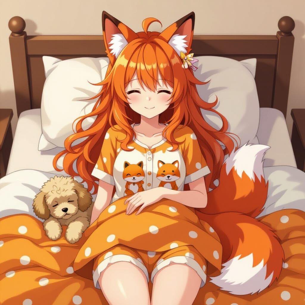 Anime Fox Girl and Puppy Sleeping Peacefully