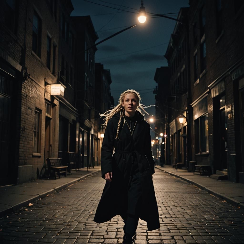 Woman Running at Night in 80s Film Noir Style