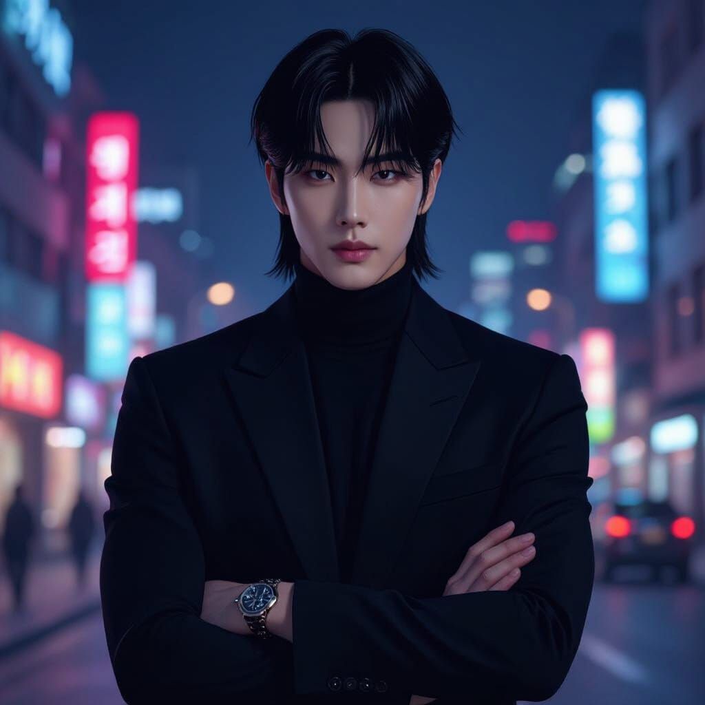 Handsome K-Pop Star in Seoul Night Digital Art