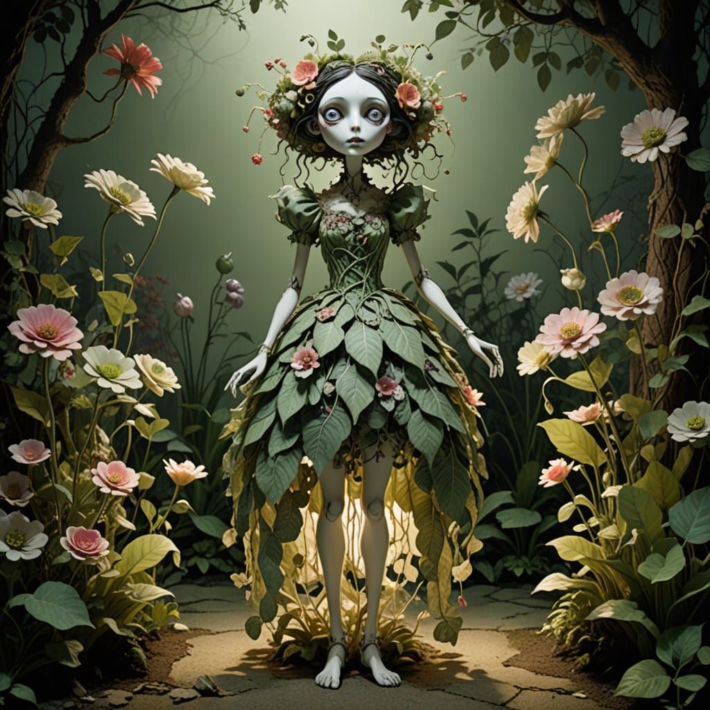Surreal Plant-Human Hybrid in Whimsical Garden