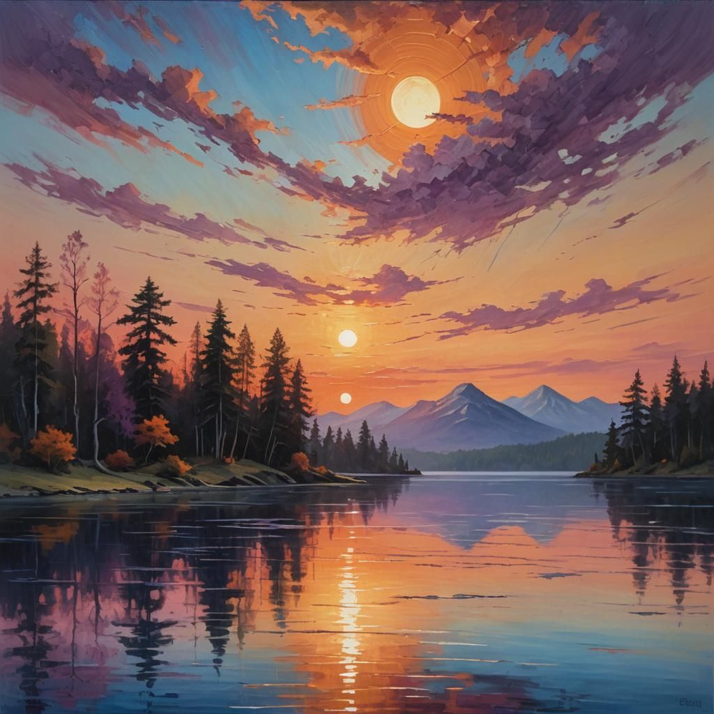 Serene Lake Landscape at Sunset: Oil Painting