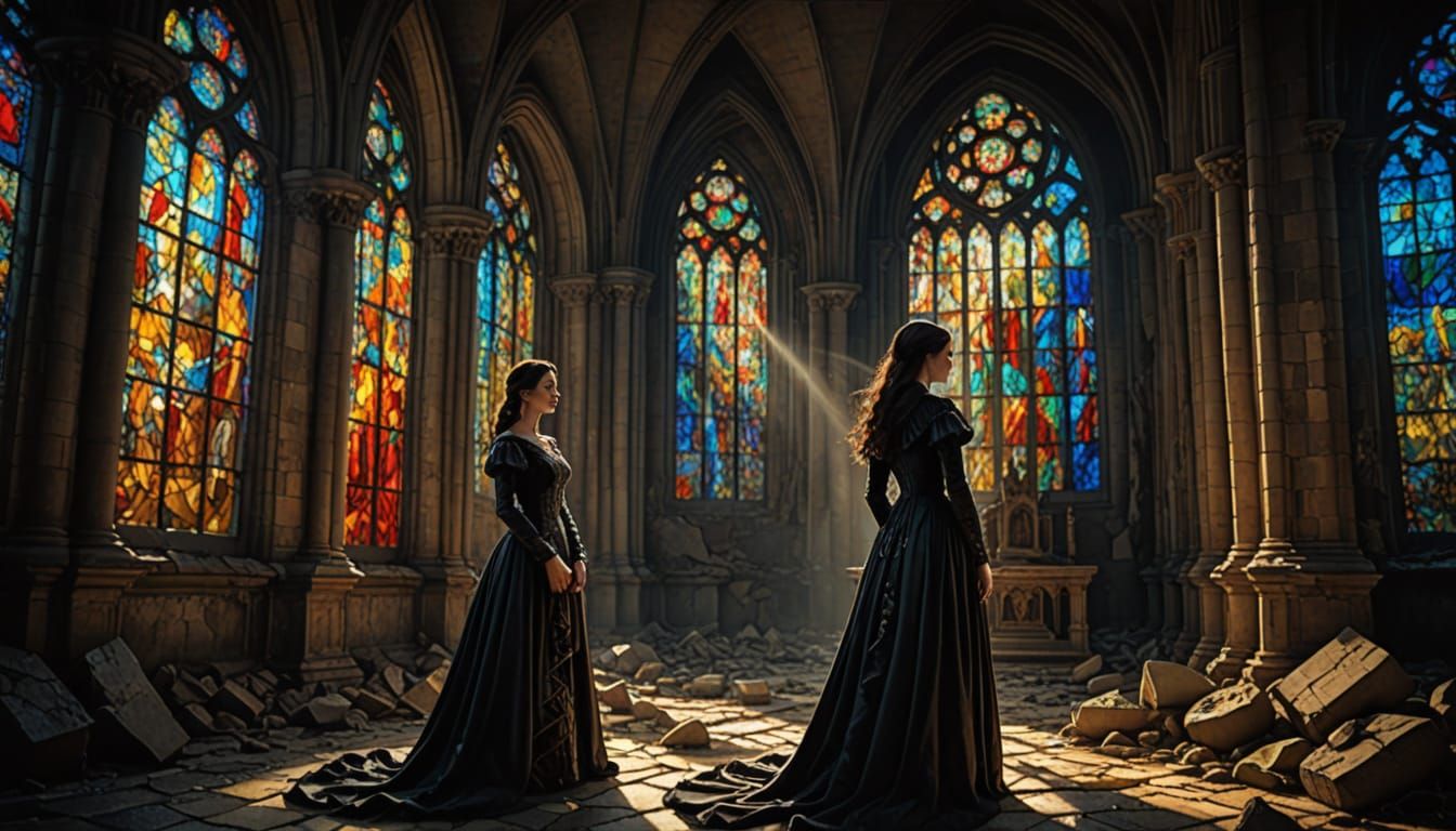 Dominican Woman in Gothic Ruins with Stained Glass Light