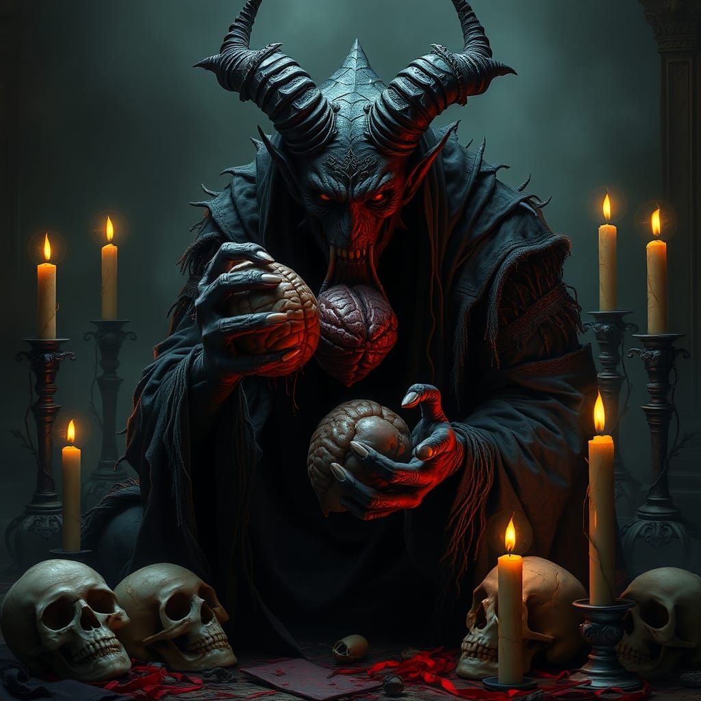 Gothic Demon Deity Feasting on Human Organs