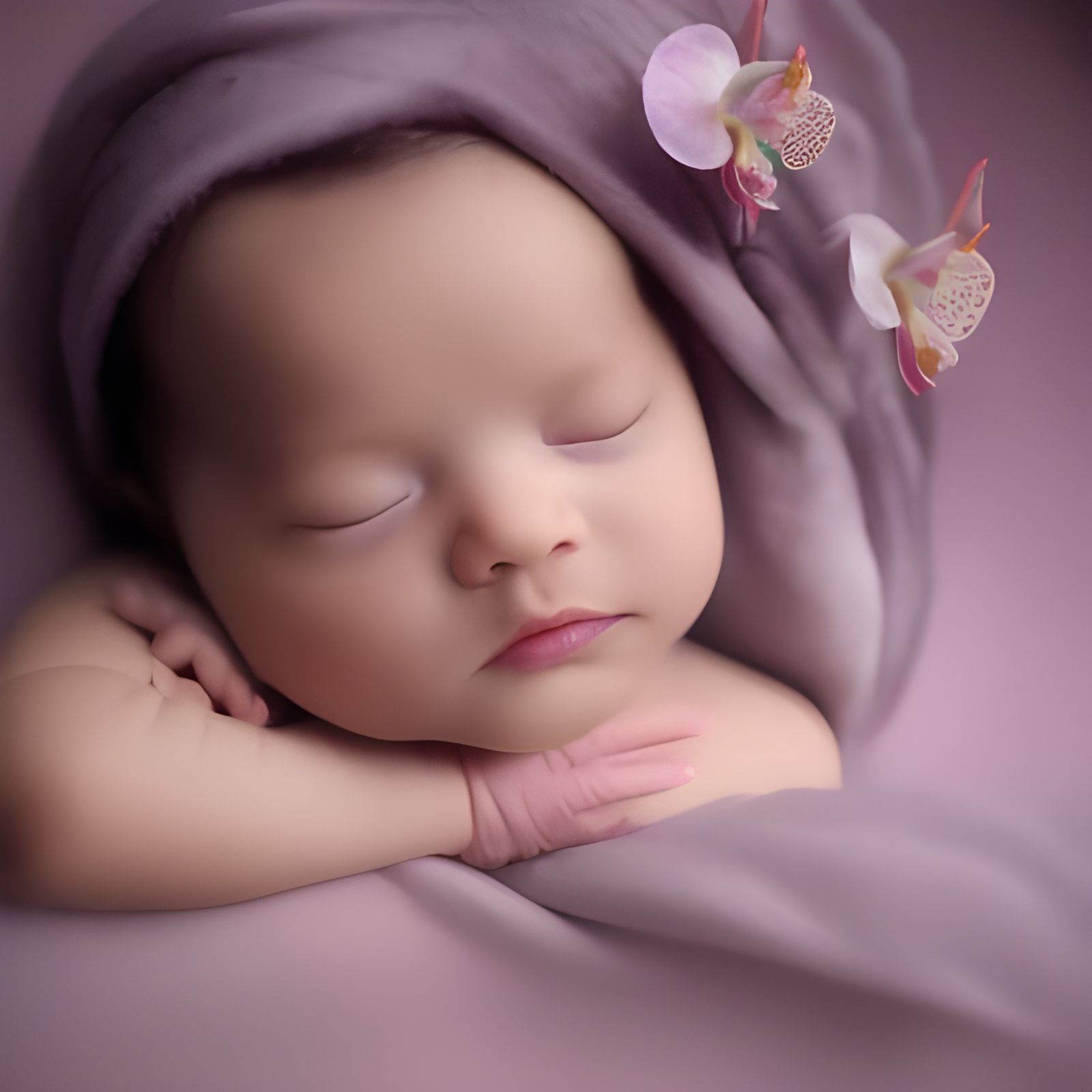 Orchids Surround Newborn Baby in Digital Painting