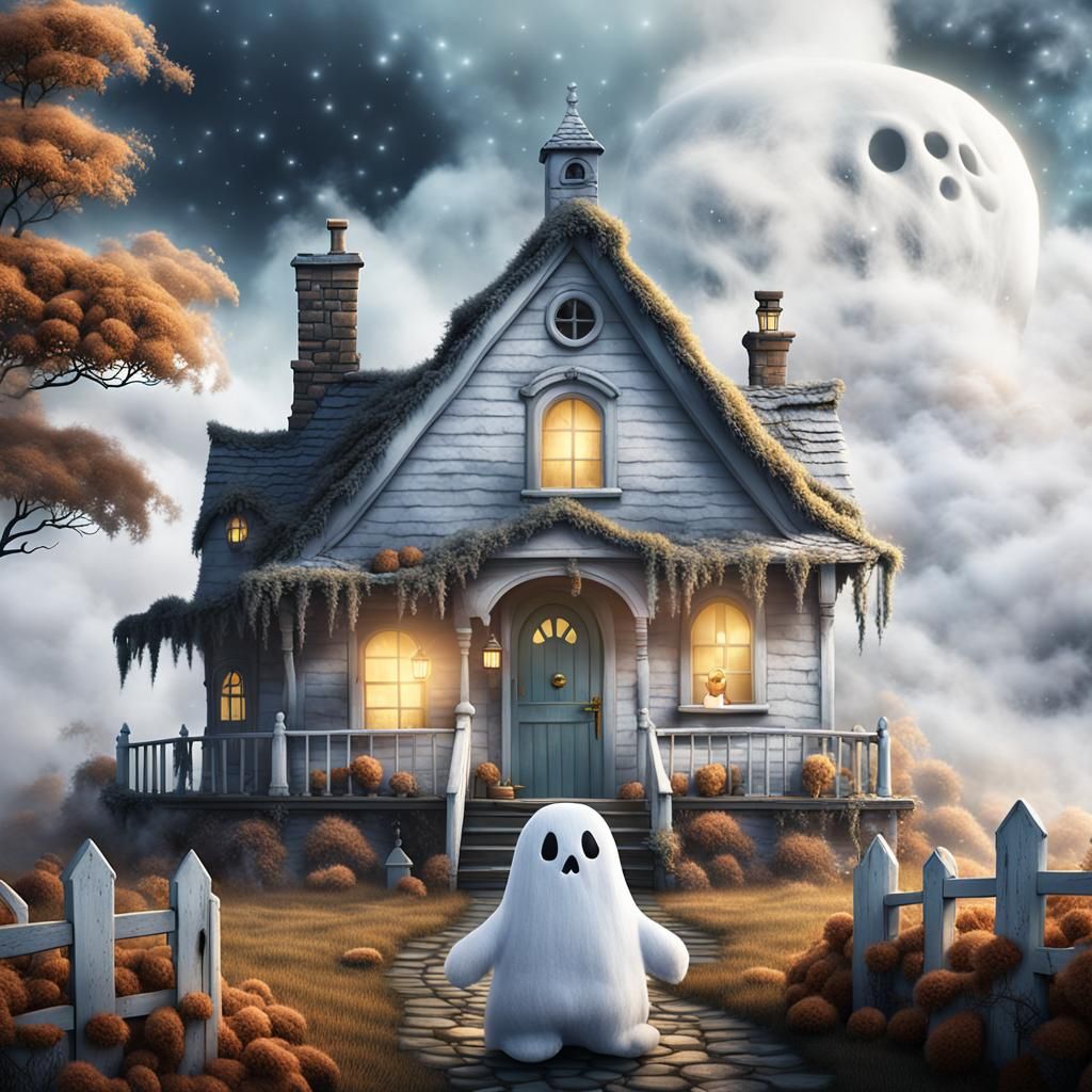 Charming Ghost at Spooky Cottage, Digital Matte Painting